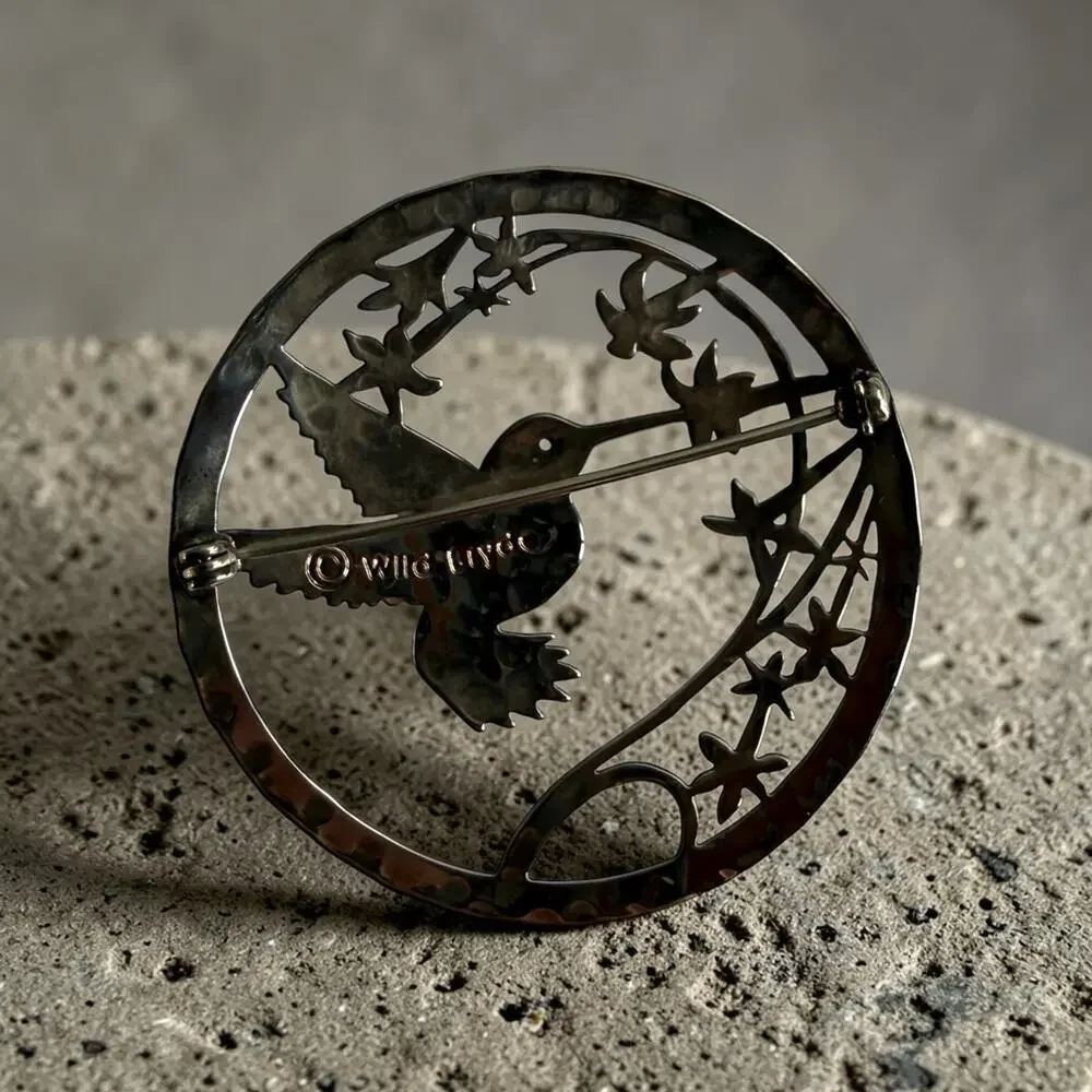 Wild Bryde Hummingbird Brooch Hammered Silver Tone Modernist Bird Circle Pin
